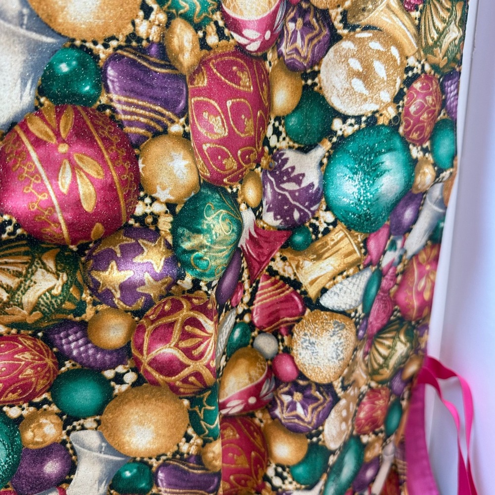 Handmade Christmas Ornament Print Tabard Apron Pink Ribbon Side Ties Lined‎ - Picture 7 of 10